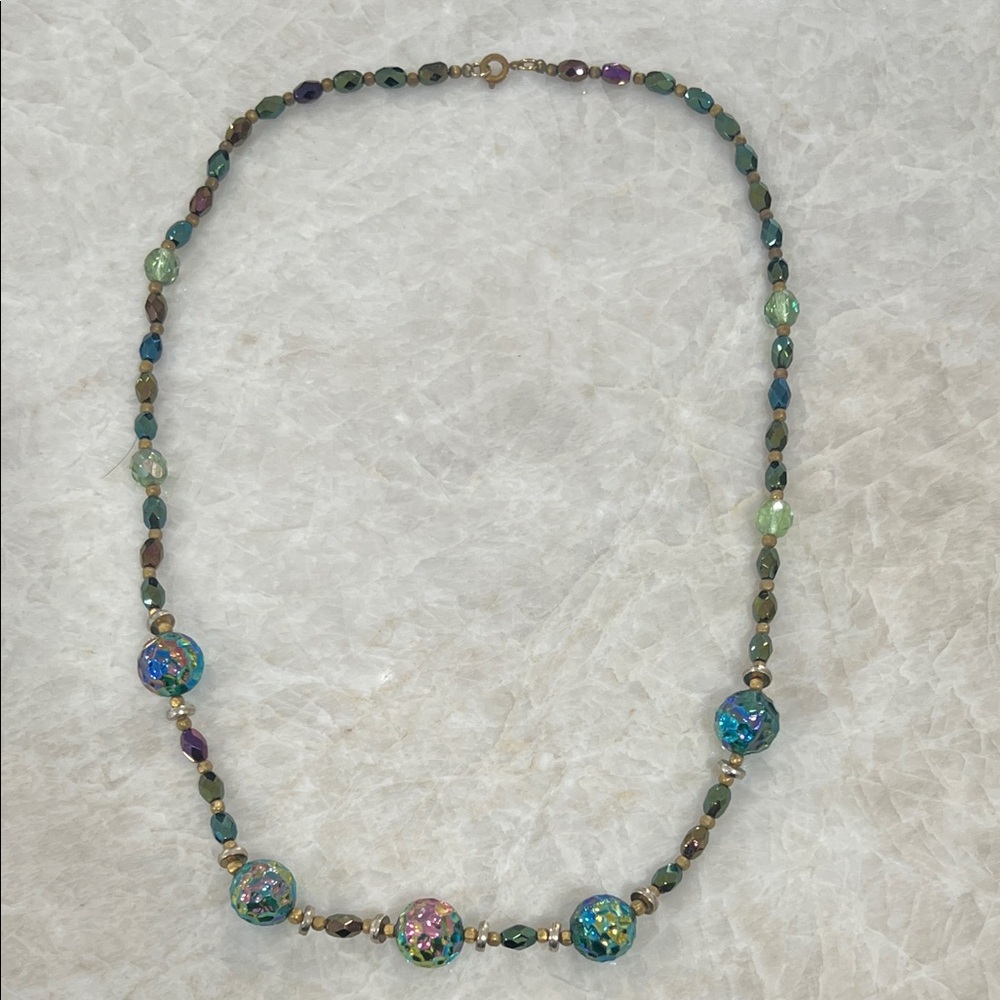 Vintage Peacock Carnival Glass Beaded Necklace